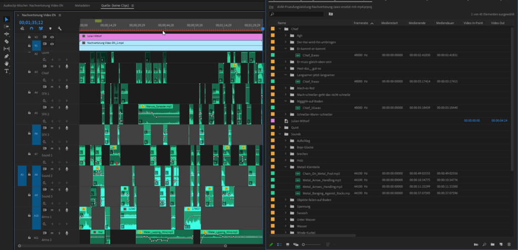 Screenshot aus Adobe Premiere vom Nachvertonungsprojekt zu "Jaws"