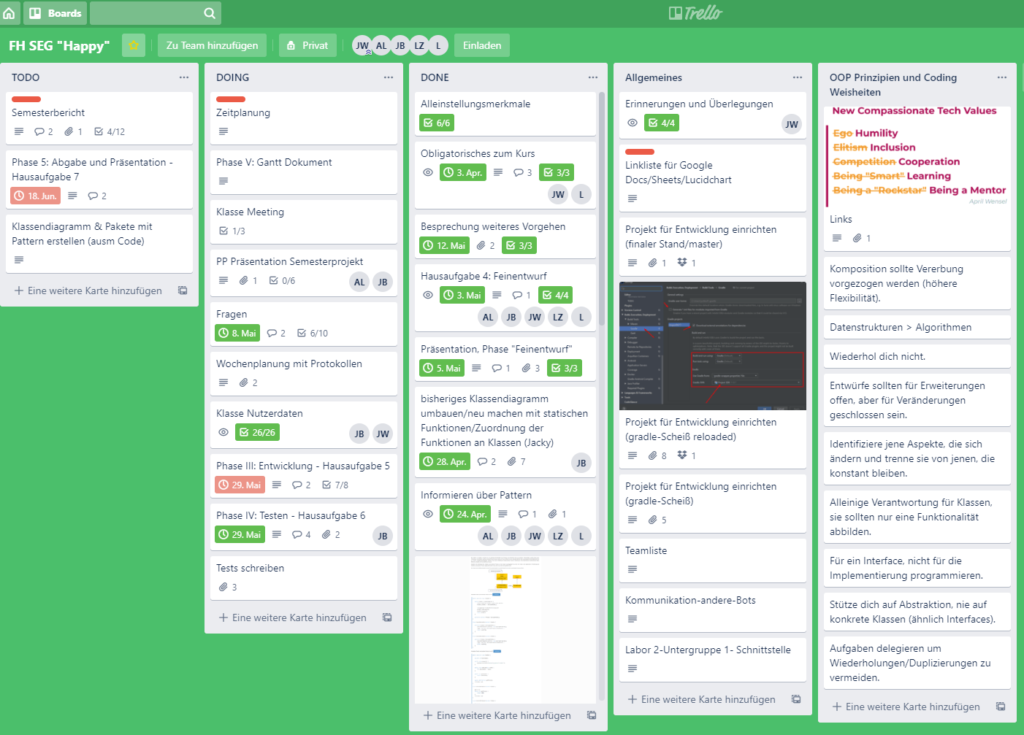 Trello-Board aus Semesterprojekt Discord-Bot für "Software Engineering"